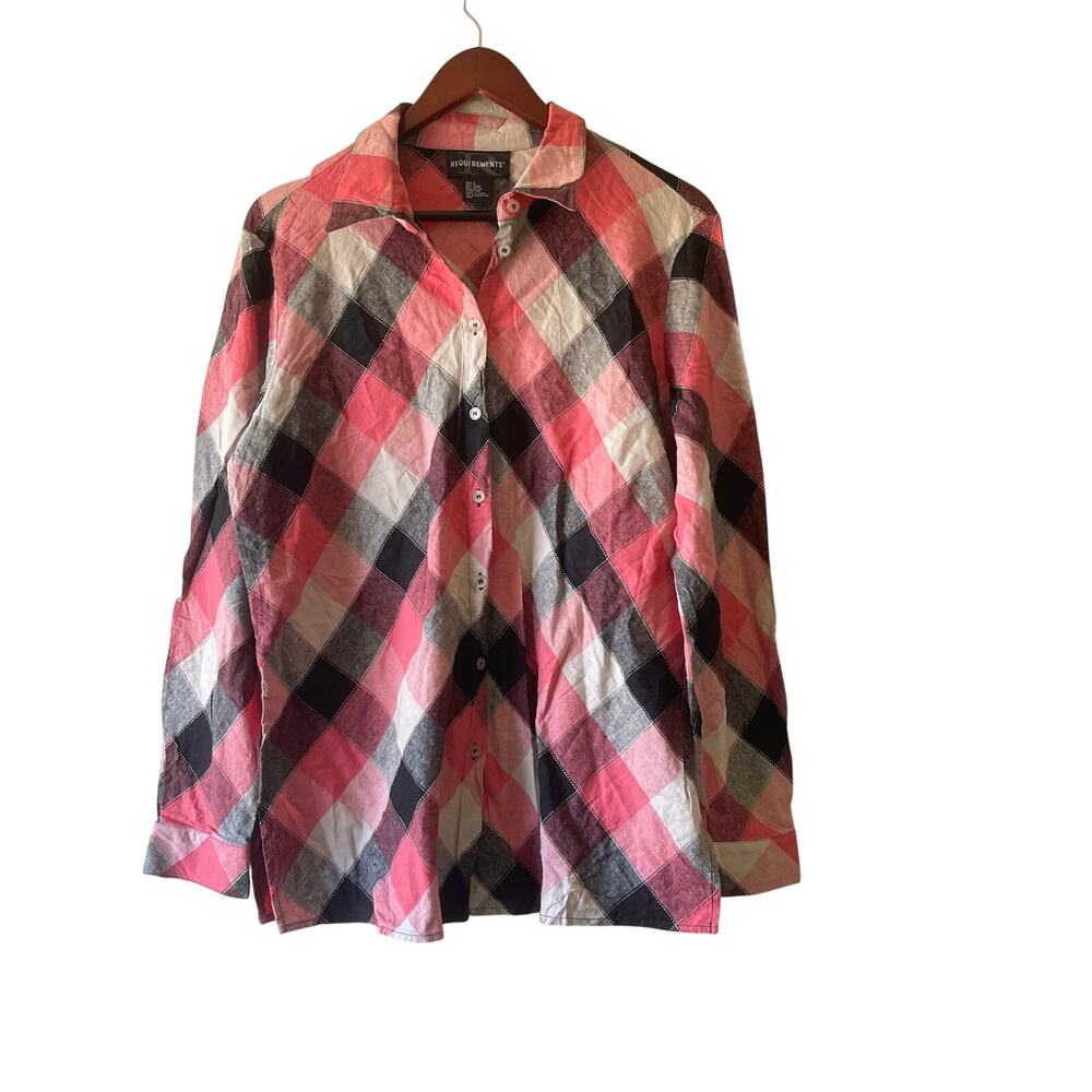 Vintage 90s linen pink and black grunge plaid button up‎ size large